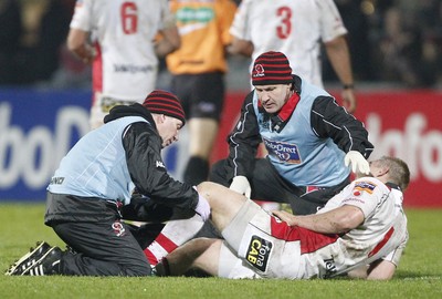 05.11.11 - Ulster v Connacht - RaboDirect Pro 12 Tom Court of Ulster nurses an injured knee  