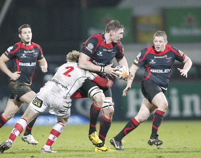 100212 - Ulster v Dragons - RaboDirect Pro 12Dragons' Adam Jones is tackled by Ulster's Andi Kyriacou