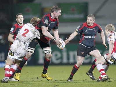 100212 - Ulster v Dragons - RaboDirect Pro 12Dragons' Adam Jones is tackled by Ulster's Andi Kyriacou