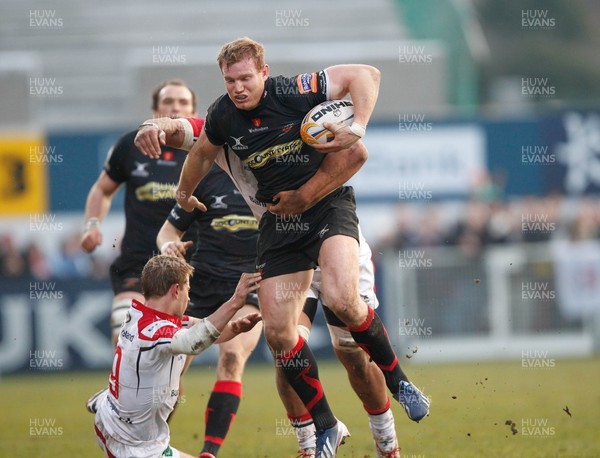 120413 Ulster v Dragons - RaboDirect Pro 12 - Pat Leach of Dragons is tackled by Paul Marshall and Nick Williams of Ulster 