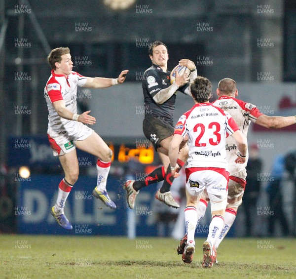 120413 Ulster v Dragons - RaboDirect Pro 12 - Dan Evans of Dragons takes the high ball before Craig Gilroy of Ulster 