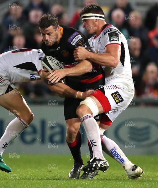 220917 - Ulster v Dragons - Guinness PRO14 - Dragons  Pat Howard is tackled by Ulster  Robbie Diack