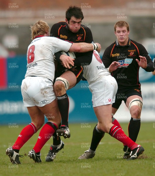 250306   Ulster v Gwent Dragons Dragons Peter Sidoli is stopped by Neil Best and Roger Wilson          