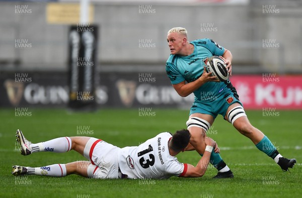 251020 - Ulster v Dragons - Guinness PRO14 - Ben Fry of Dragons is tackled by James Hume of Ulster