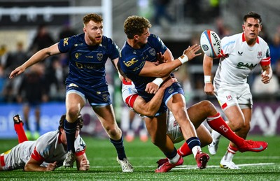 260925 - Ulster v Dragons RFC - United Rugby Championship -  Joe Westwood of Dragons is tackled by Stuart McCloskey of Ulster