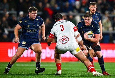 260925 - Ulster v Dragons RFC - United Rugby Championship - Matthew Screech of Dragons in action against Tom O'Toole of Ulster