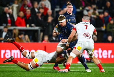 260925 - Ulster v Dragons RFC - United Rugby Championship - Aaron Wainwright of Dragons is tackled by David McCann of Ulster
