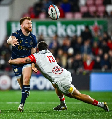260925 - Ulster v Dragons RFC - United Rugby Championship - Aneurin Owen of Dragons is tackled by James Hume of Ulster