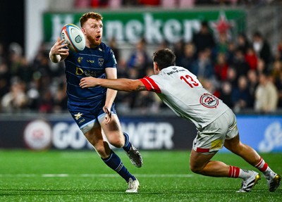 260925 - Ulster v Dragons RFC - United Rugby Championship - Aneurin Owen of Dragons is tackled by James Hume of Ulster 