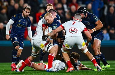 260925 - Ulster v Dragons RFC - United Rugby Championship - Tinus De Beer of Dragons is tackled by Harry Sheridan of Ulster