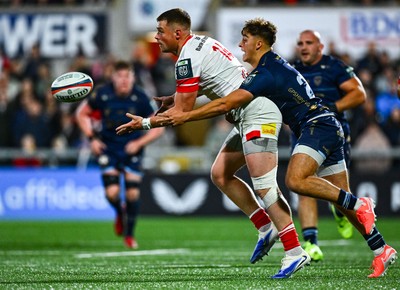 260925 - Ulster v Dragons RFC - United Rugby Championship - Zac Ward of Ulster is tackled by Huw Anderson of Dragons