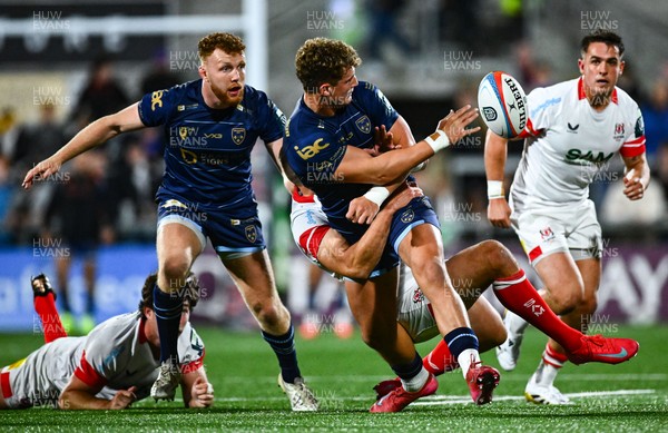 260925 - Ulster v Dragons RFC - United Rugby Championship -  Joe Westwood of Dragons is tackled by Stuart McCloskey of Ulster