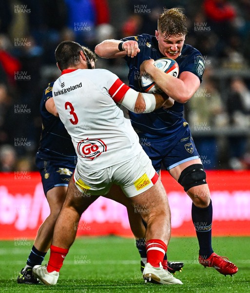 260925 - Ulster v Dragons RFC - United Rugby Championship - Matthew Screech of Dragons in action against Tom O'Toole of Ulster