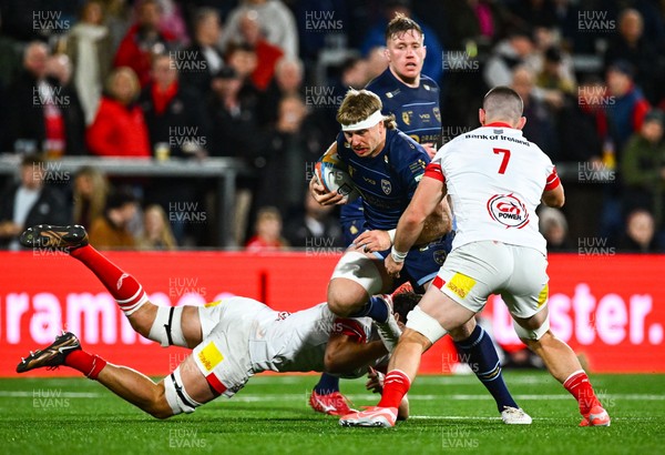 260925 - Ulster v Dragons RFC - United Rugby Championship - Aaron Wainwright of Dragons is tackled by David McCann of Ulster