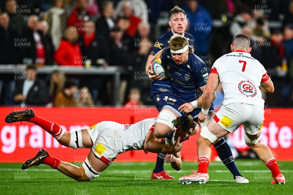 260925 - Ulster v Dragons RFC - United Rugby Championship - Aaron Wainwright of Dragons is tackled by David McCann of Ulster