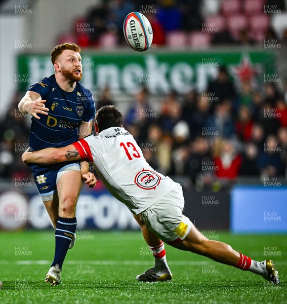 260925 - Ulster v Dragons RFC - United Rugby Championship - Aneurin Owen of Dragons is tackled by James Hume of Ulster