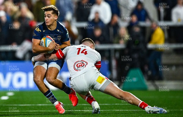 260925 - Ulster v Dragons RFC - United Rugby Championship - Huw Anderson of Dragons is tackled by Zac Ward of Ulster