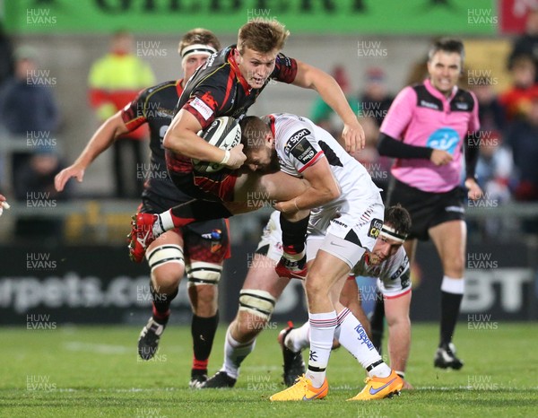 261018 - Ulster v Dragons - Guinness PRO14 -  Ulster's Johnny McPhillips in action with Dragons Will Talbot-Davies