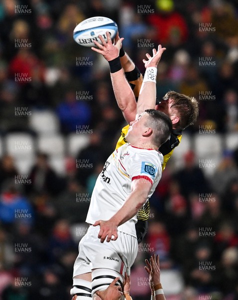 020324 - Ulster v Dragons RFC - United Rugby Championship - Harry Sheridan of Ulster and Matthew Screech of Dragons compete for possession in the lineout