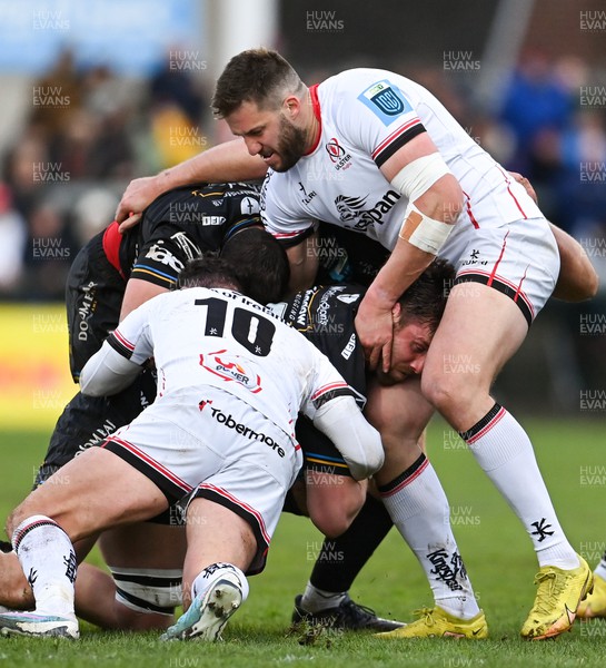 140423 - Ulster v Dragons RFC - United Rugby Championship - George Nott of Dragons is tackled by Billy Burns, 10, and Stuart McCloskey of Ulster