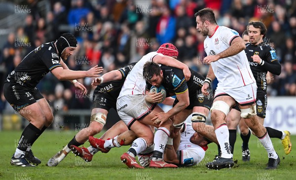 140423 - Ulster v Dragons RFC - United Rugby Championship - George Nott of Dragons is tackled by Tom Stewart of Ulster