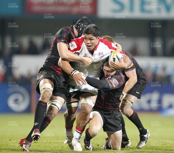 021112 - Ulster v Edinburgh - RaboDirect PRO12 - Nick Williams of Ulster is tackled by Sean Cox, Dougie Fife, and Roddy Grant of Edinburgh 