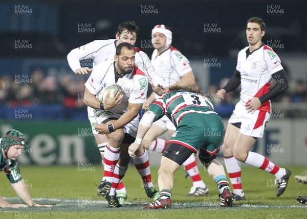 13.01.12 Ulster v Leicester... John Afoa of Ulster meets the challenge of Leicester's Martin Castrogiovanni after beating Thomas Waldrom. 