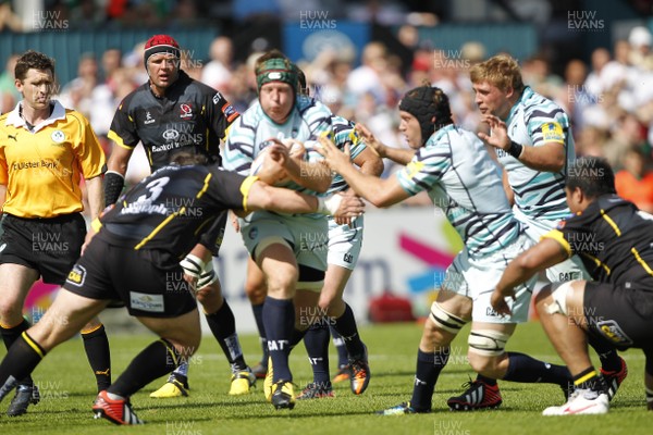 180812 - Ulster v Leicester Tigers - Preseason Friendly - Tom Youngs of Leicester tackled by  Declan Fitzpatrick of Ulster  