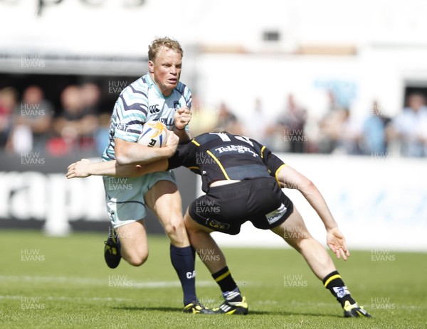 180812 - Ulster v Leicester Tigers - Preseason Friendly - Scott Hamilton of Leicester tackled by Chris Farrell of Ulster  