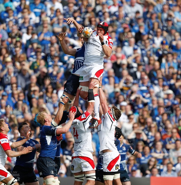 250513 - Ulster v Leinster - RaboDirect Pro 12 - Dan Tuohy of Ulster receives the ball ahead of Devin Toner of Leinster 