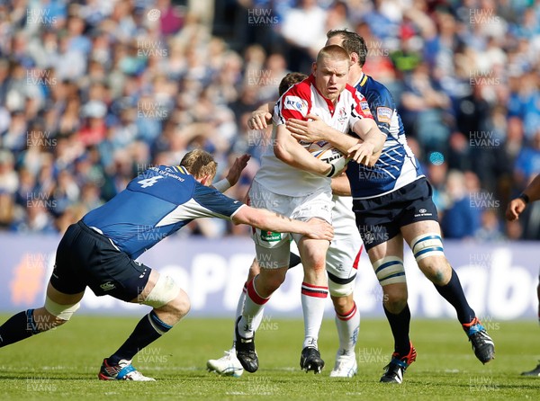 250513 - Ulster v Leinster - RaboDirect Pro 12 - Tom Court of Ulster is tackled by Leo Cullen and Devin Toner of Leinster 