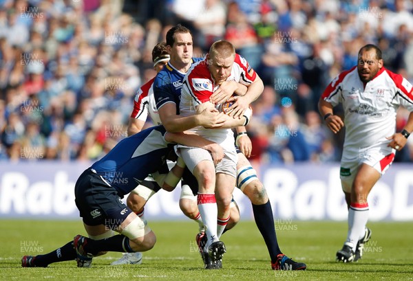 250513 - Ulster v Leinster - RaboDirect Pro 12 - Tom Court of Ulster is tackled by Leo Cullen and Devin Toner of Leinster   