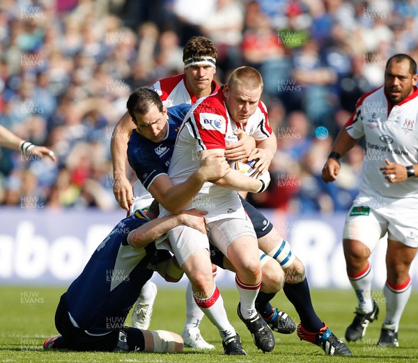 250513 - Ulster v Leinster - RaboDirect Pro 12 - Tom Court of Ulster is tackled by Leo Cullen and Devin Toner of Leinster  