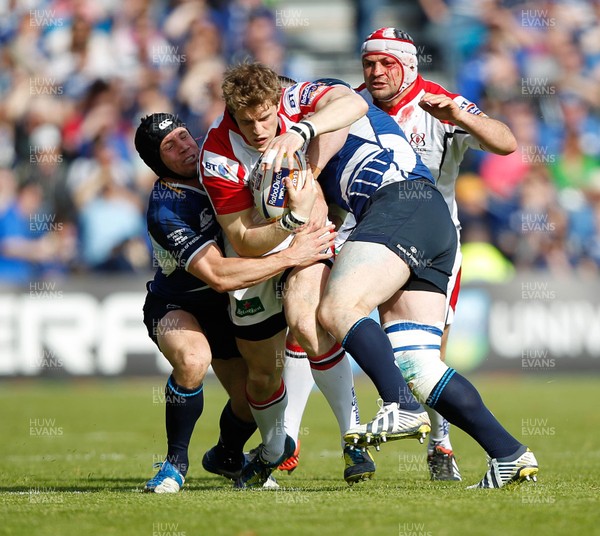 250513 - Ulster v Leinster - RaboDirect Pro 12 - Andrew Trimble of Ulster is tackled by Isaac Boss and Cian Healy of Leinster 