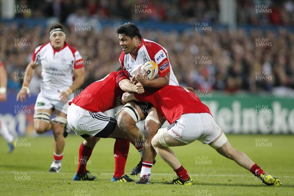 140912  Ulster v Munster - RaboDirect Pro12  Nick Williams of Ulster tackled by Munster's Ian Keatley and Sean Dougall