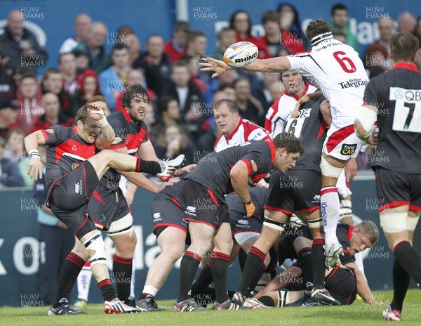 240812 - Ulster v Newcastle Falcons - Preseason Friendly -Rory Lawson of Newcastle has his kick charged down by Robbie Diack of Ulster