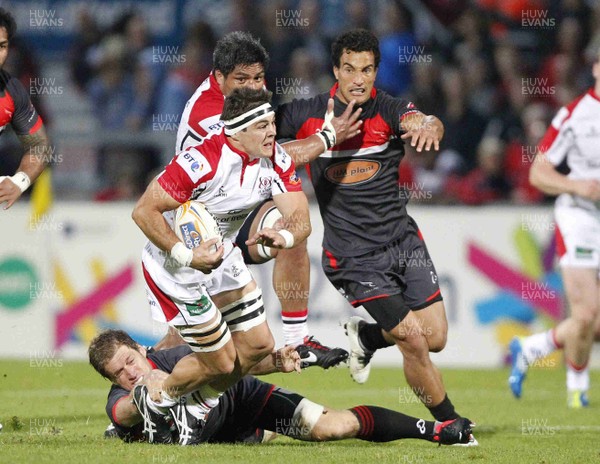 240812 - Ulster v Newcastle Falcons - Preseason Friendly -Sean Doyle of Ulster tackled by Matt Thompson of Newcastle