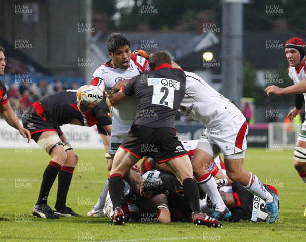 240812 - Ulster v Newcastle Falcons - Preseason Friendly -Nick Williams of Ulster tackled by  James Hudson, Rob Vickers and Sean Tomes of Newcastle