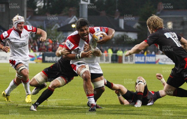 240812 - Ulster v Newcastle Falcons - Preseason Friendly -Nick Williams of Ulster tackled by Newcastle's Chris York