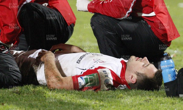 151212 Ulster v Northampton - Heineken Cup - Tommy Bowe of Ulster lies injured 