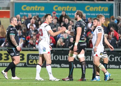 011016 Ulster v Ospreys -Ulster's Tommy Bowe is congratulated by Ospreys captain Alun Wyn Jones at the end of the game