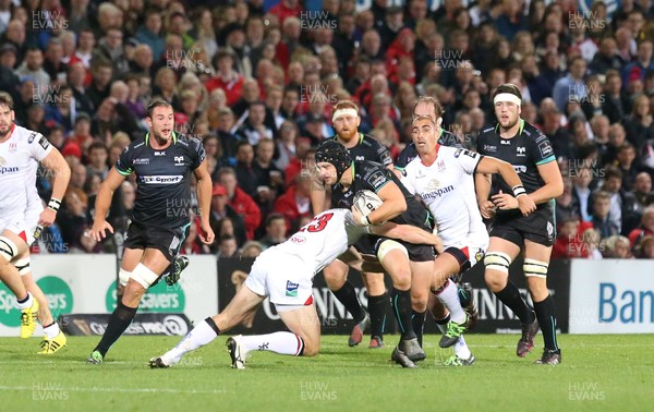 011016 Ulster v Ospreys -Ospreys Dan Evans is tackled by Tommy Bowe