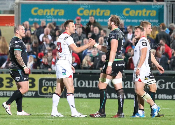 011016 Ulster v Ospreys -Ulster's Tommy Bowe is congratulated by Ospreys captain Alun Wyn Jones at the end of the game