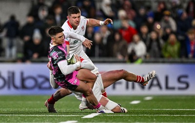 040426 - Ulster v Ospreys - EPCR Challenge Cup Round of 16 - Reuben Morgan-Williams of Ospreys is tackled by Rob Herring of Ulster