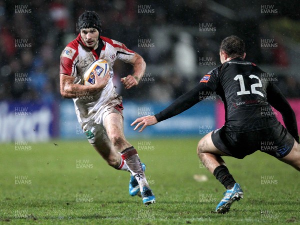 070214 - Ulster v Ospreys - RaboDirect PRO12Ulster's James McKinney is tackled by Ospreys' Ashley Beck(c) Huw Evans Picture Agency