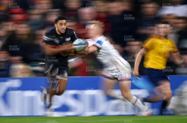 8 October 2022; Keelan Giles of Ospreys is tackled by Rob Lyttle of Ulster during the United Rugby Championship match between Ulster and Ospreys at Kingspan Stadium in Belfast Photo by Ramsey Cardy/Sportsfile
