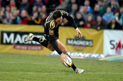 13.04.10 - Ulster v Ospreys - Magners League -  Ospreys' James Hook touches down to score a try 