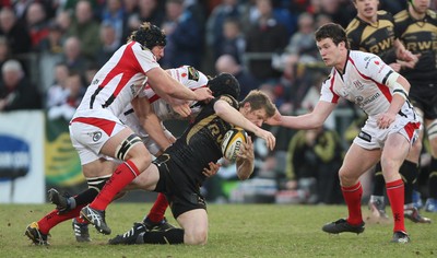 13.04.10 - Ulster v Ospreys - Magners League -  Dan Biggar is tackled by Stephen Ferris and Niall O'Connor of Ulster 