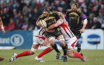 13.04.10 - Ulster v Ospreys - Magners League -  Marty Holah of Ospreys tackled by Ed O'Donoghue and Stephen Ferris of Ulster 