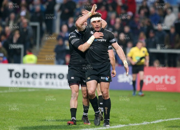 130418 - Ulster v Ospreys - Guinness PRO14 -   Ospreys' Kieron Fonotia celebrates after scoring a try which is later disallowed 